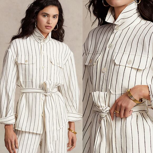 RALPH LAUREN NWT 100% Linen Striped Utility Shirt Jacket in Cream Brown Size 6 - Picture 1 of 13